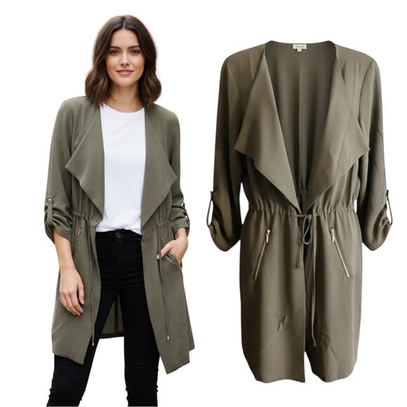 Kismet Olive Green Drape Front Utility Jacket Drawstring Waist Zip Pockets Sz M - Picture 1 of 11